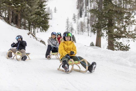 Familie rodelt gemeinsam eine verschneite Rodelbahn hinunter 